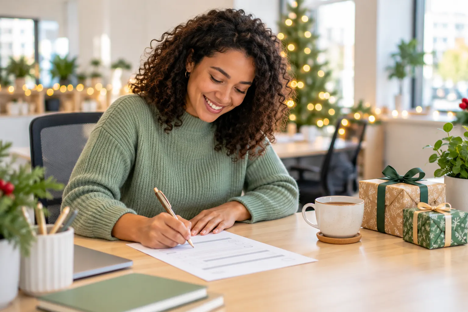 A smiling woman fills out a printed form at her desk beside wrapped gifts and a cup of tea.