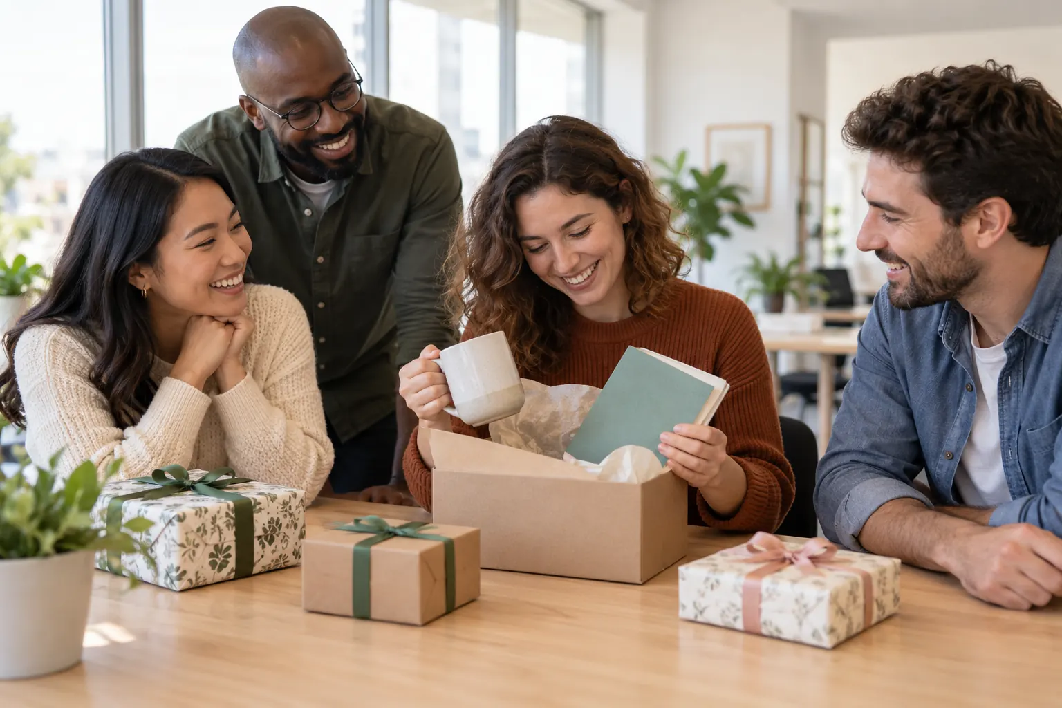Smiling coworkers watch a woman unbox a mug and a green notebook at an office table with wrapped gifts.