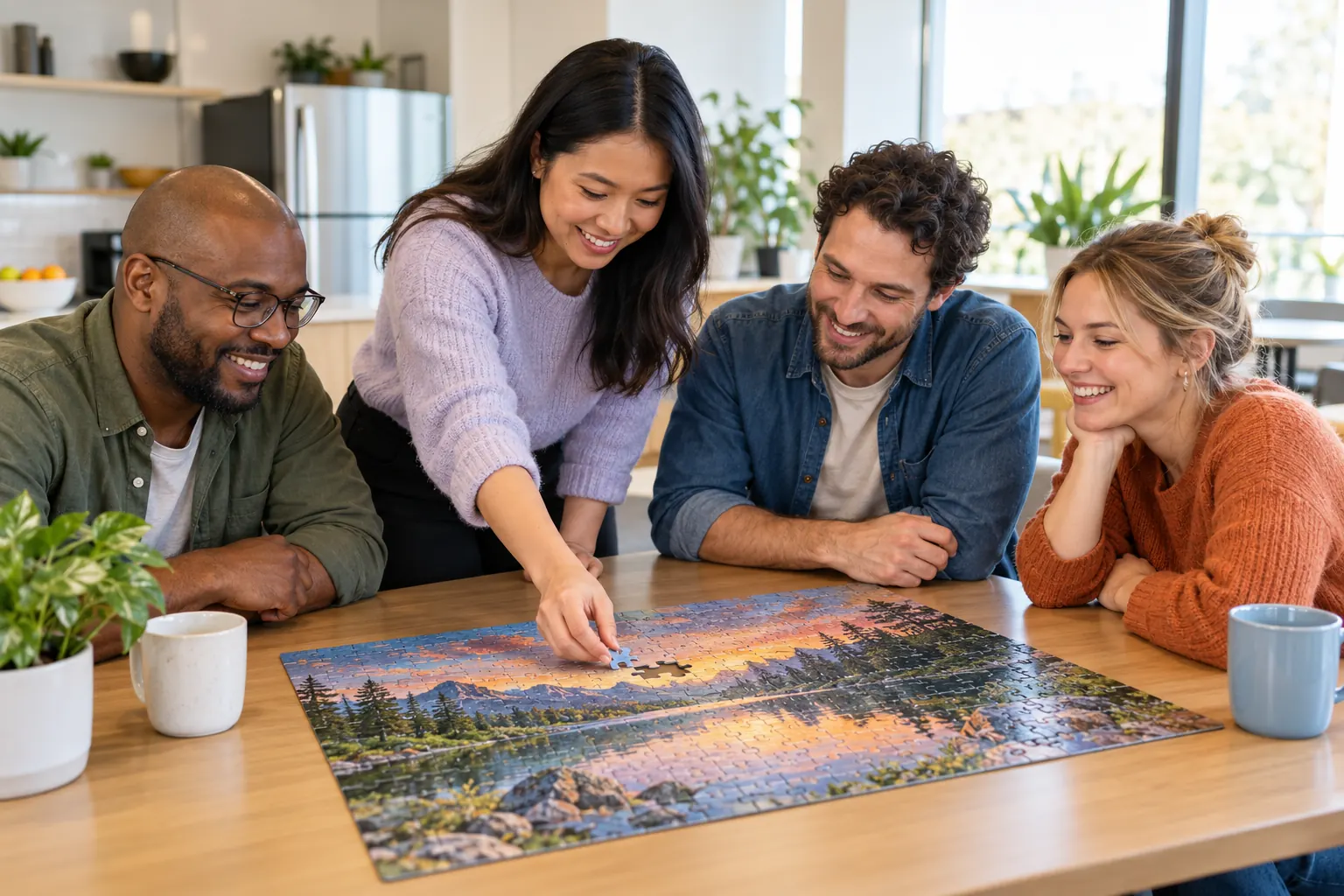 Four coworkers smile around a break-room table as one places the last piece of a landscape jigsaw puzzle.