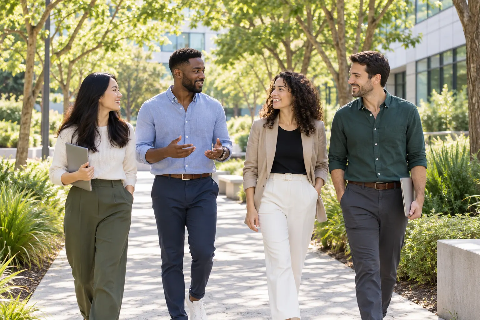 Coworkers chat and smile on a walking meeting along a tree-lined path near an office building.