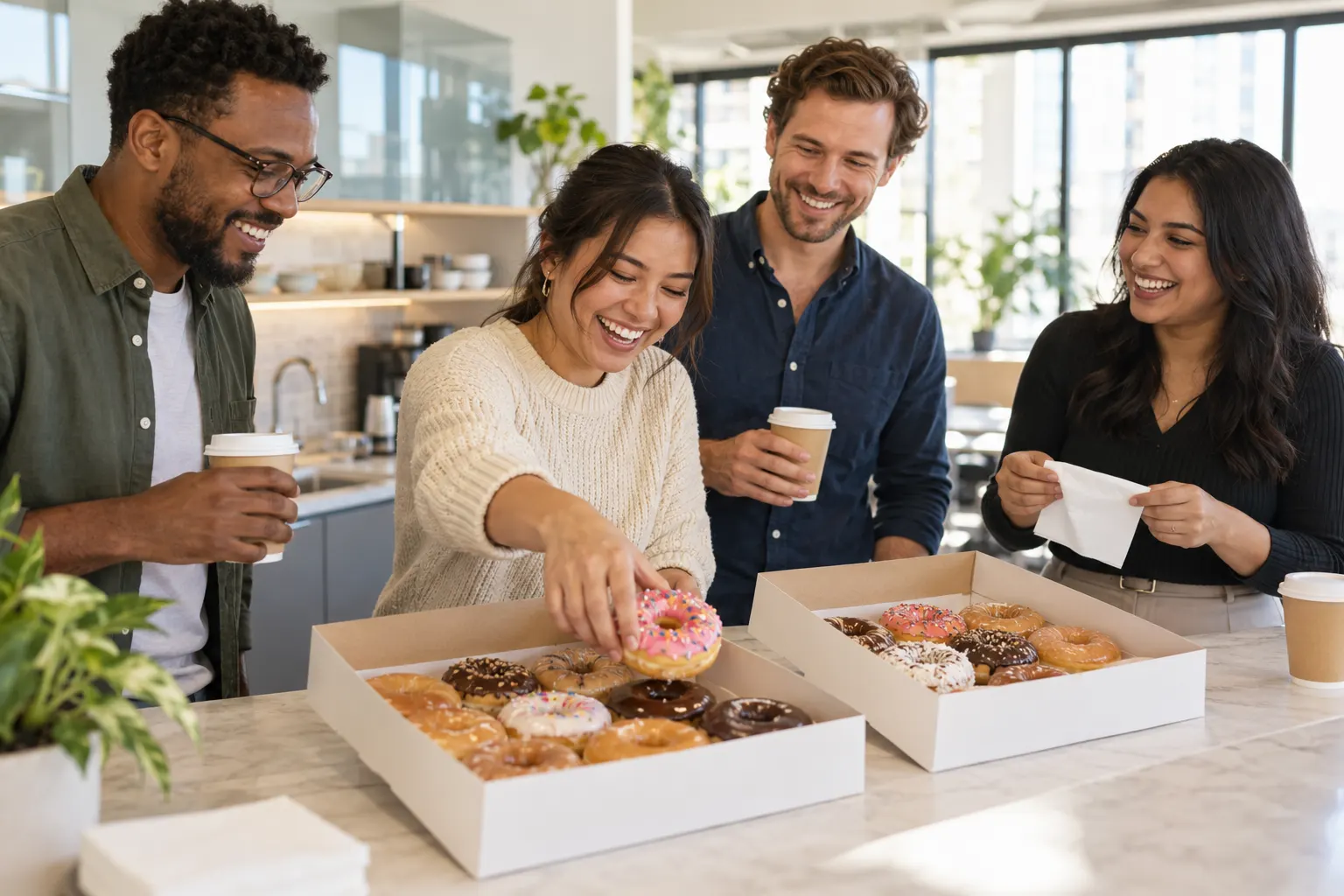 Four coworkers laugh around an office kitchen counter with two open boxes of donuts and paper coffee cups