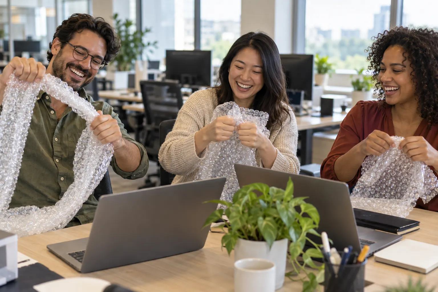 Three coworkers at their desks grin while popping sheets of clear bubble wrap