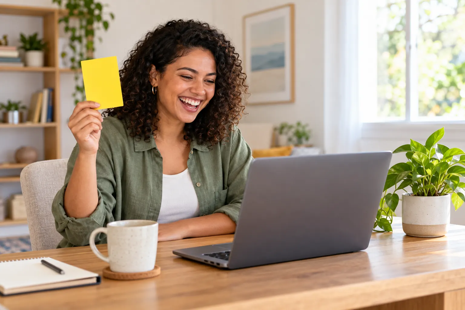 A woman at a home desk laughs at her laptop during a video call quiz, holding up a yellow card to vote.