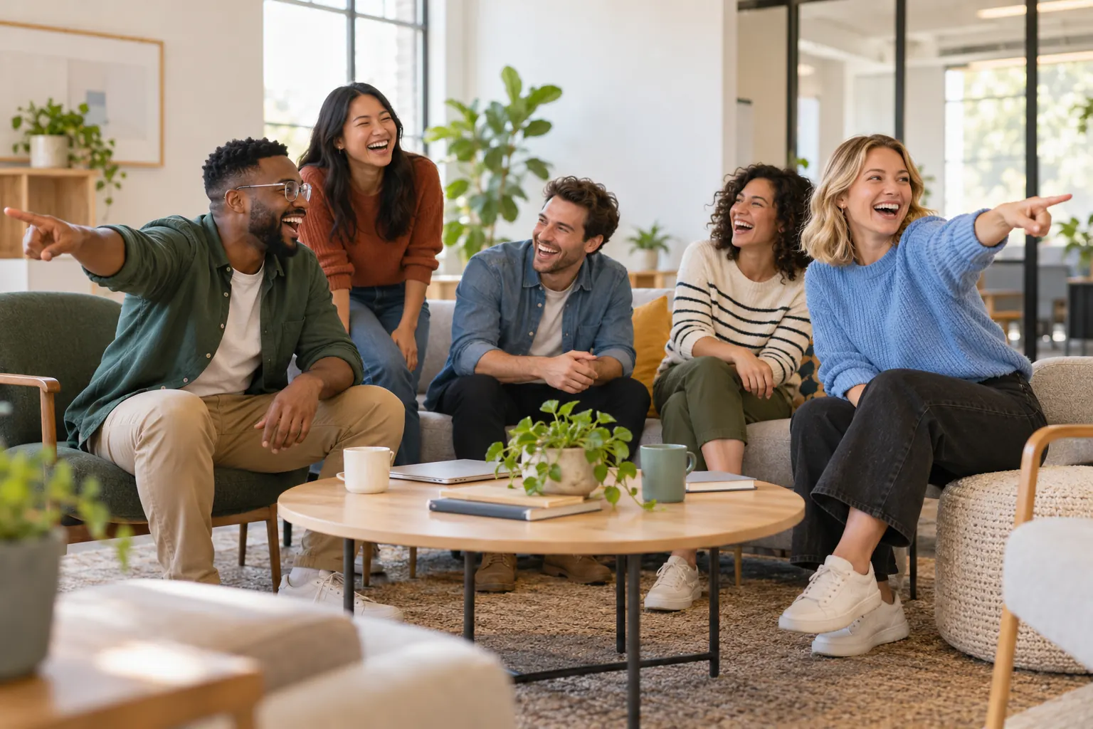 Five coworkers laugh on sofas in a bright office lounge while two point toward opposite sides.