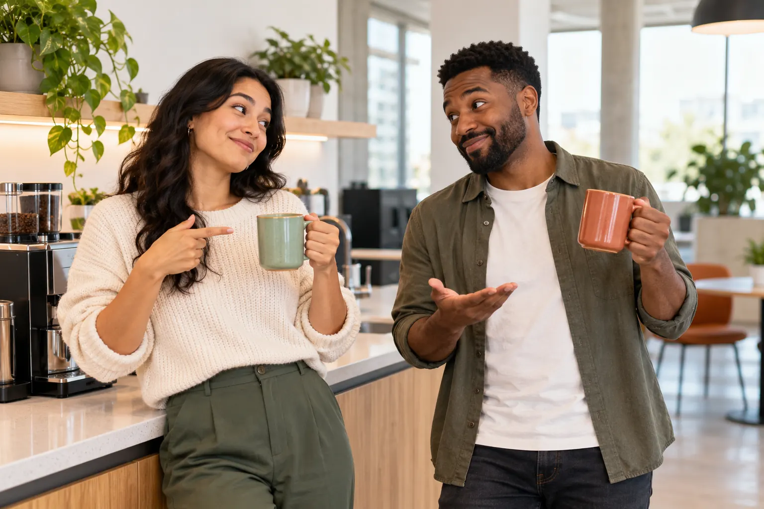 Two colleagues at an office coffee bar playfully debate, each holding a different colored mug.