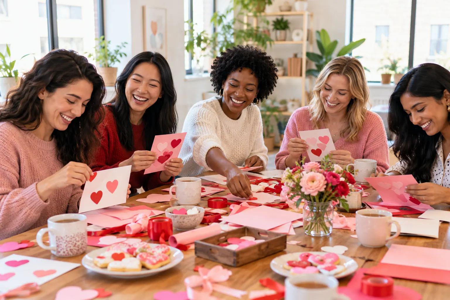 Five smiling women make paper heart cards at a long table with tea, cookies and pink roses.