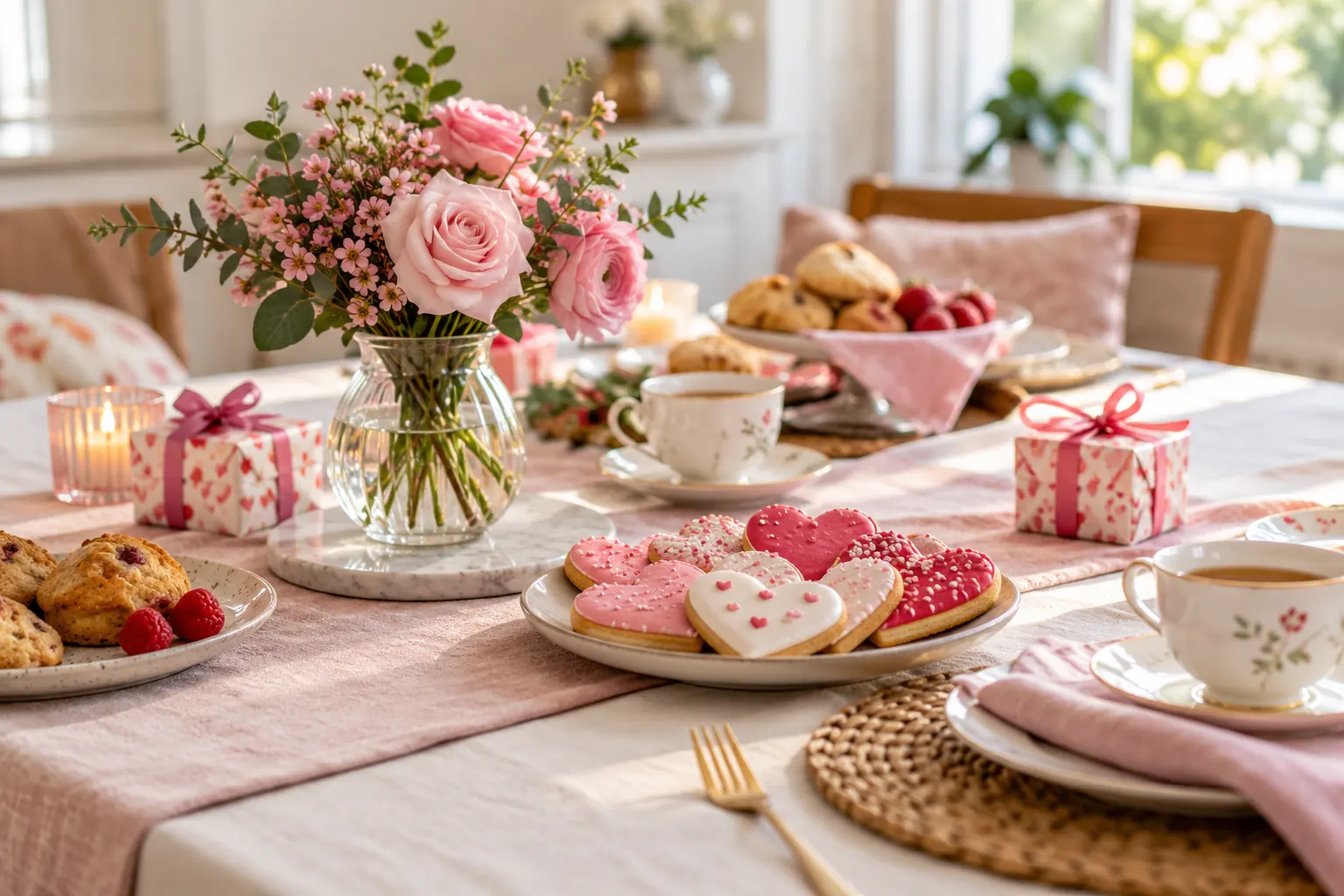 A brunch table set with pink roses, heart-shaped iced cookies, teacups and two small wrapped gifts.