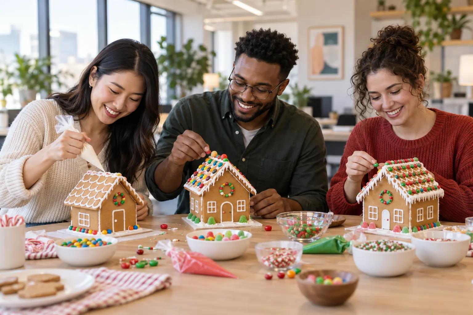 Three coworkers decorating gingerbread houses at an office table, one piping icing onto a roof.