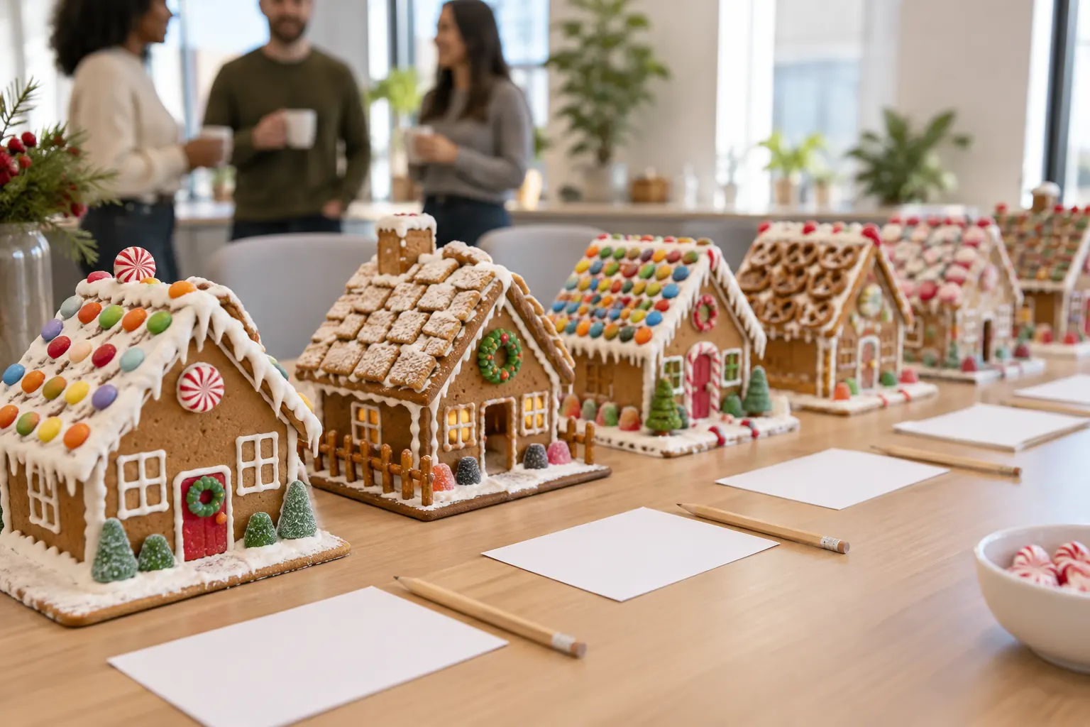 A row of finished gingerbread houses on an office table with blank scorecards and pencils for judging.