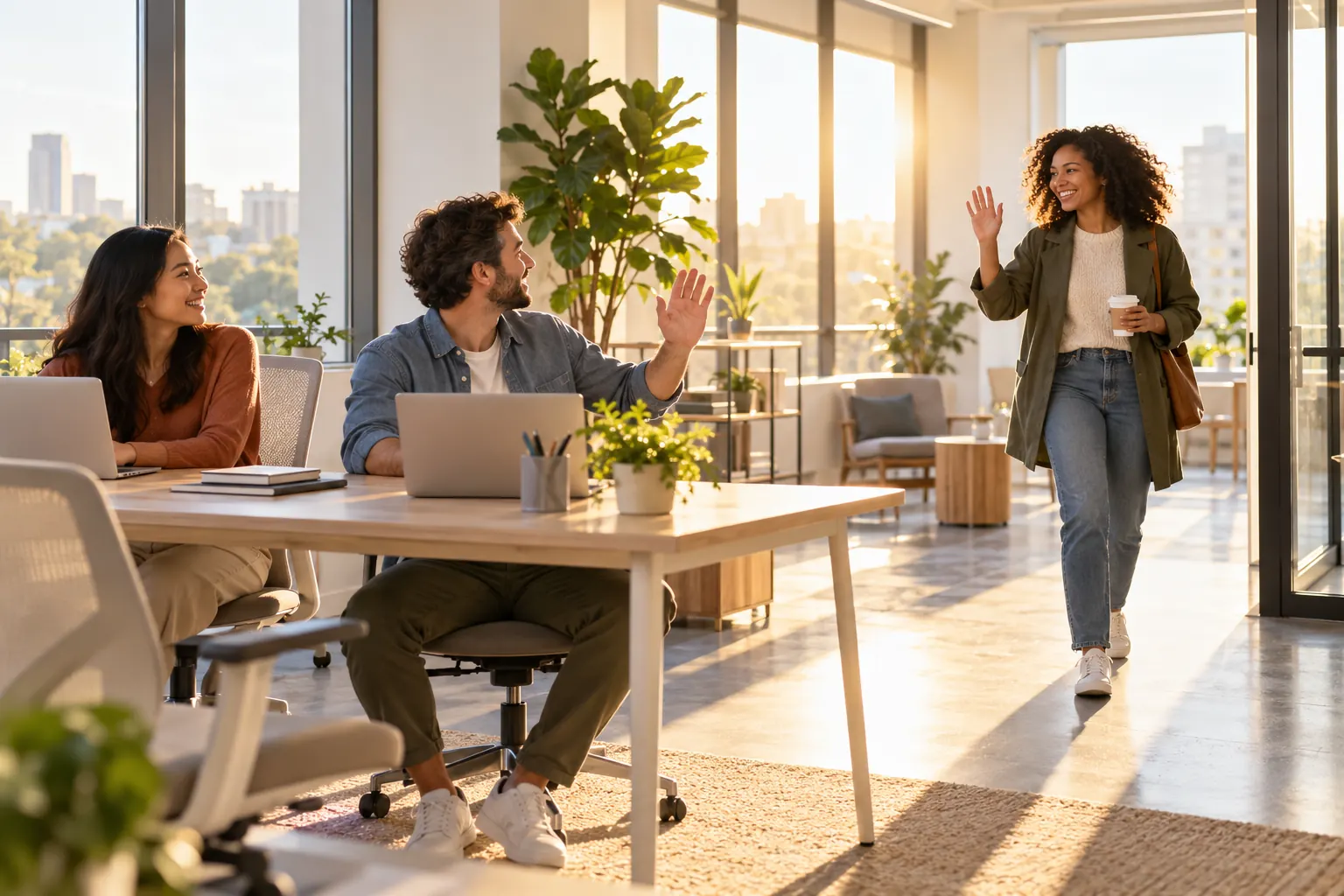 A team member with a coffee waves hello to two colleagues at their desks in a sunlit office.