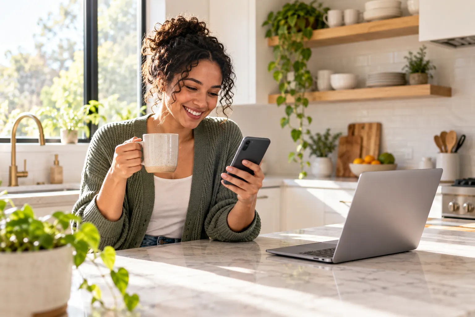 A remote worker smiles at a phone while holding a coffee at a bright kitchen counter, laptop open.