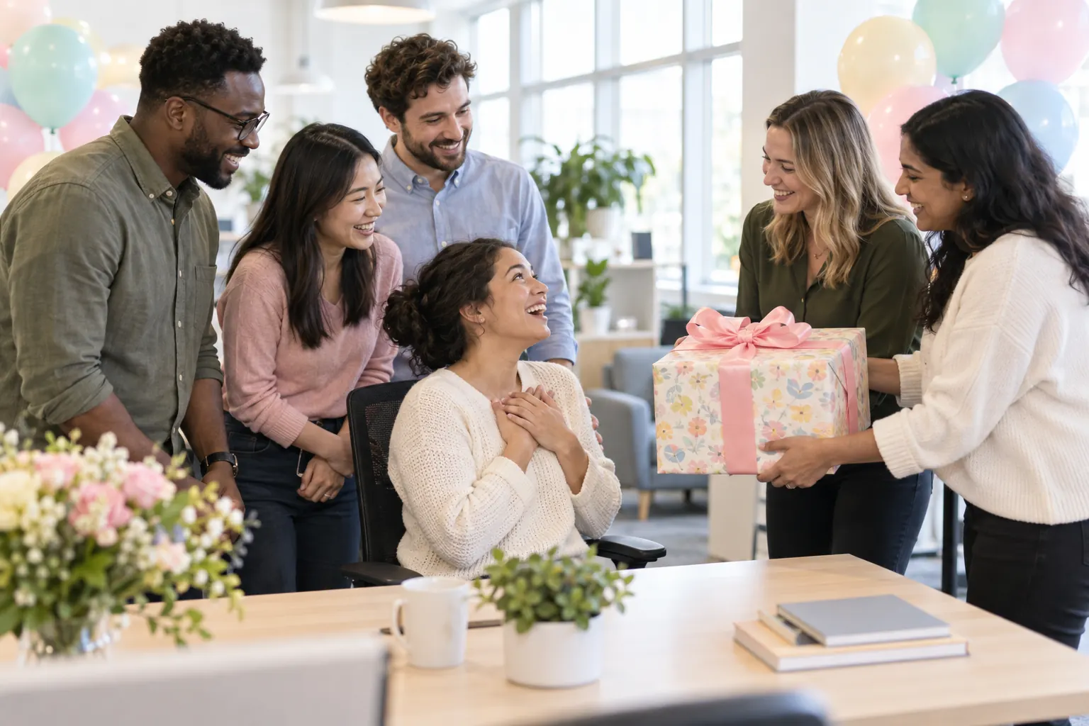 Coworkers gather around a desk as two of them hand a large wrapped gift to a delighted colleague.