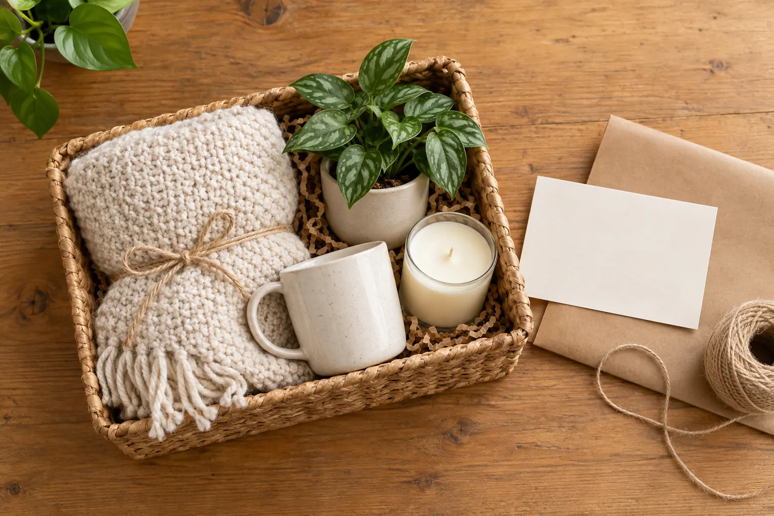 A woven gift basket holding a knit blanket, a mug, a candle and a small plant beside a blank card.