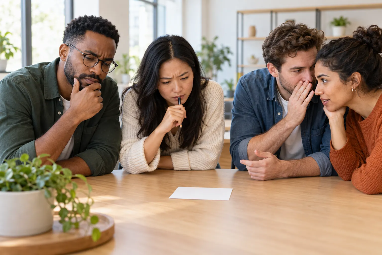 Four coworkers at a wooden table frown in concentration over a blank answer card, two of them whispering.