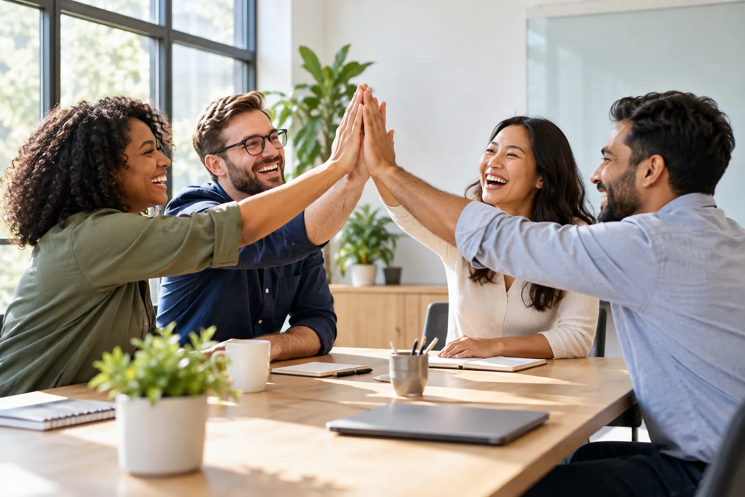 Four coworkers at a meeting table laugh and share a high five over mugs and notebooks.