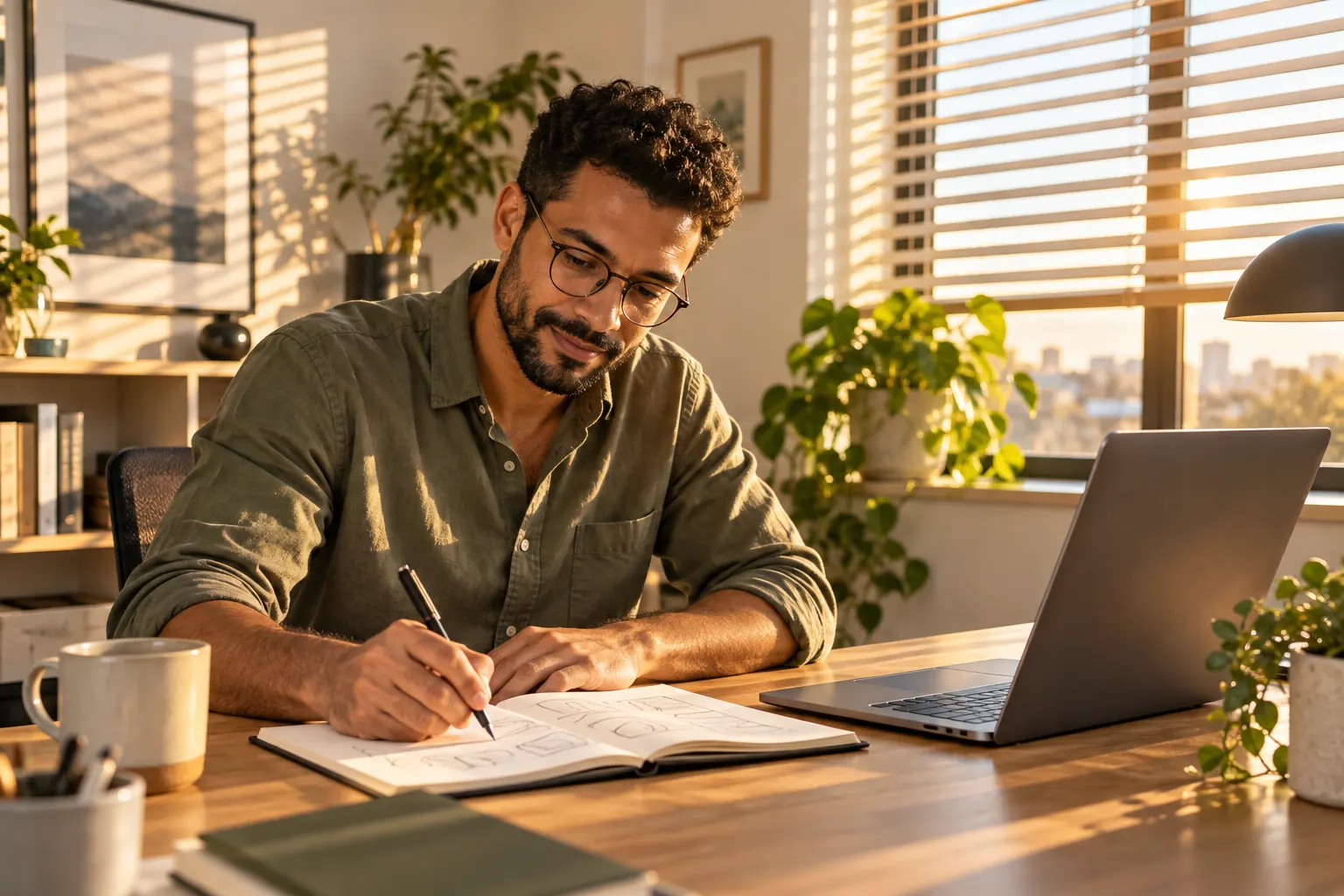 A man with rolled-up sleeves sketches plans in a notebook beside a laptop as late sun comes through the blinds.