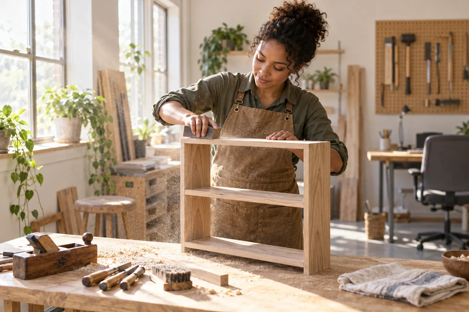 A woman in a canvas apron sands a handmade wooden shelf at a workbench, with hand tools laid out beside her.