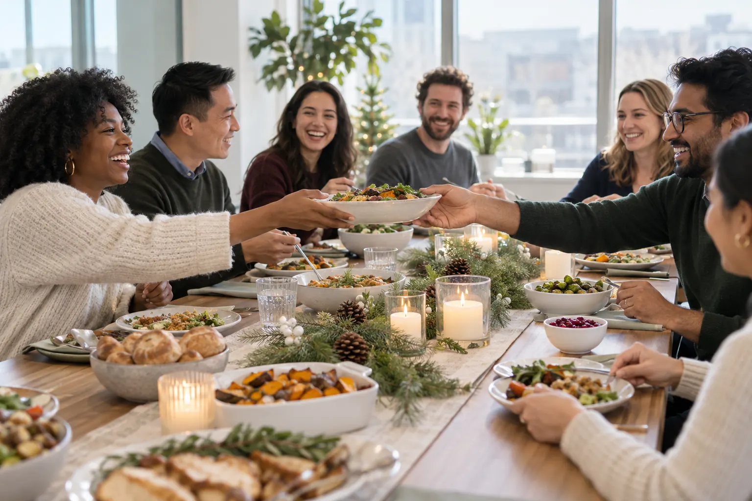 Coworkers laughing and passing a salad bowl at a long office lunch table with pine and candle centerpieces.