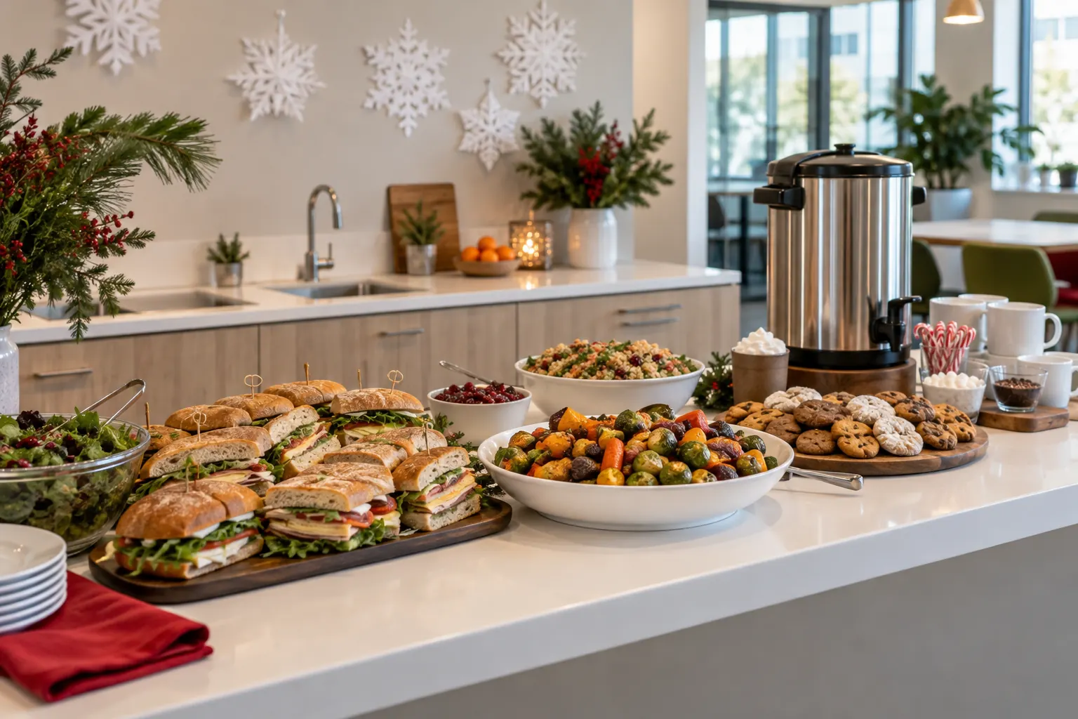 A holiday lunch buffet on an office counter with sandwiches, roasted vegetables, cookies and a hot cocoa urn.