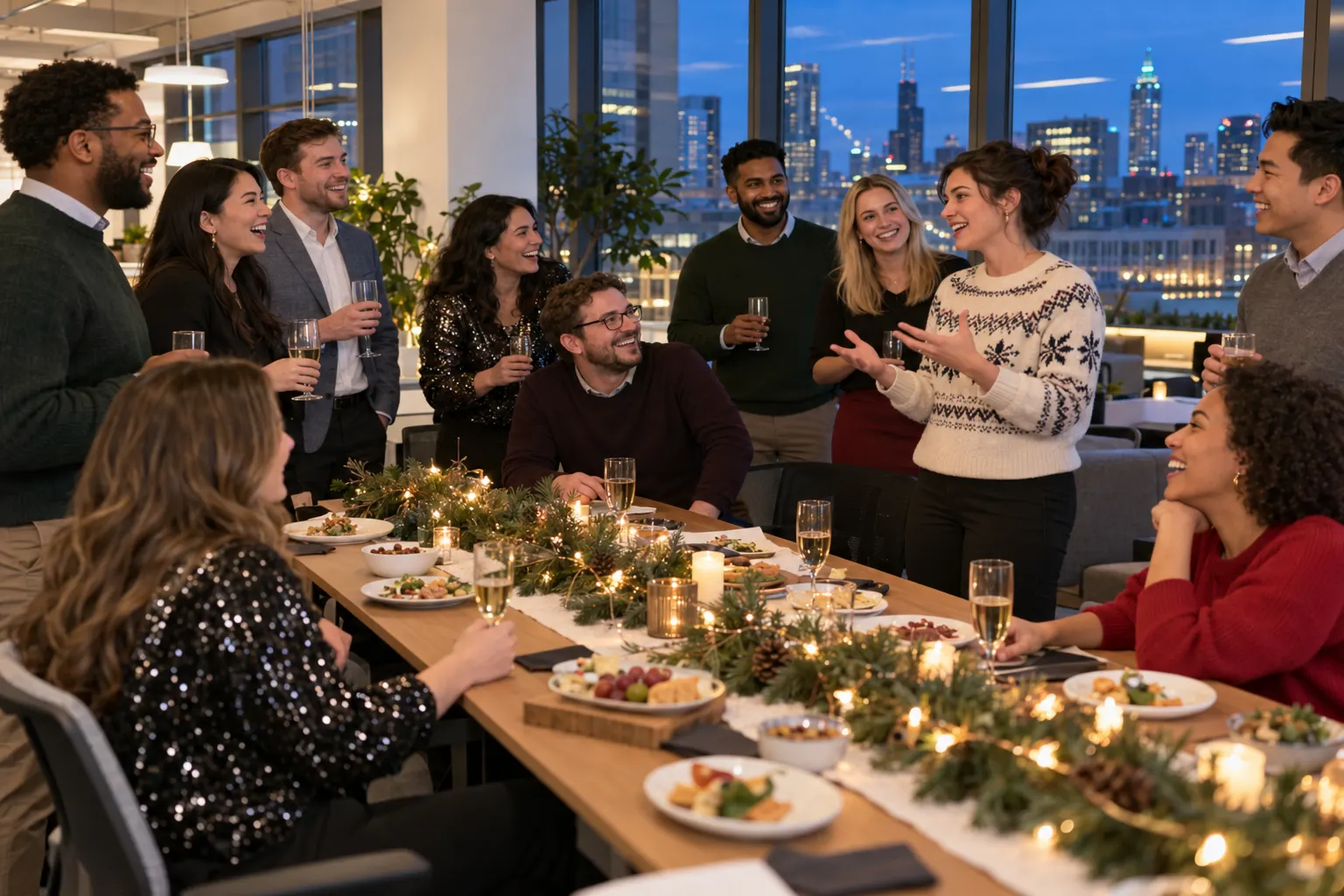 Coworkers laugh around a long table of appetizers, sparkling drinks and pine garland at an evening office holiday party