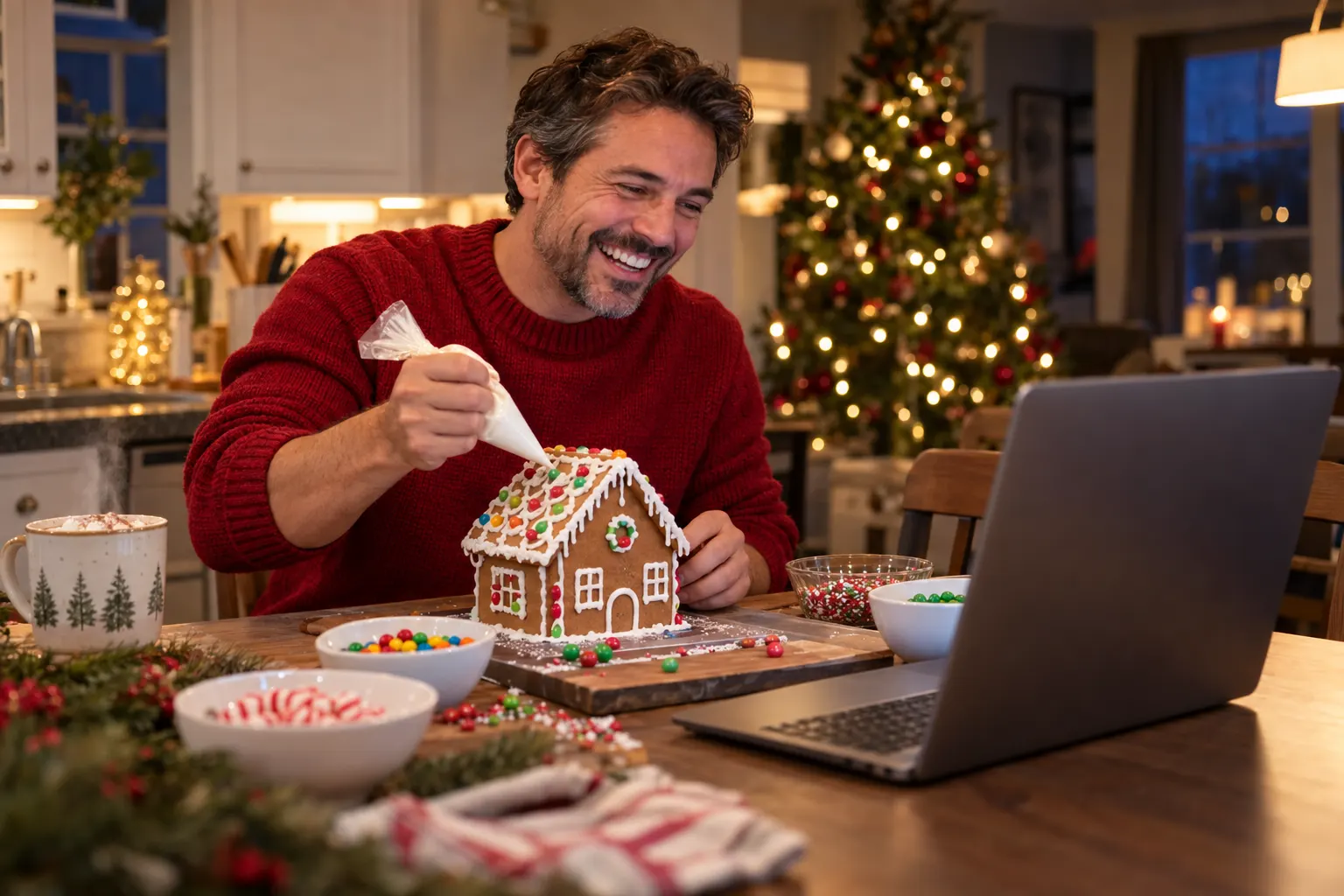 A man in a red sweater pipes icing on a gingerbread house at his kitchen table, a laptop open beside him