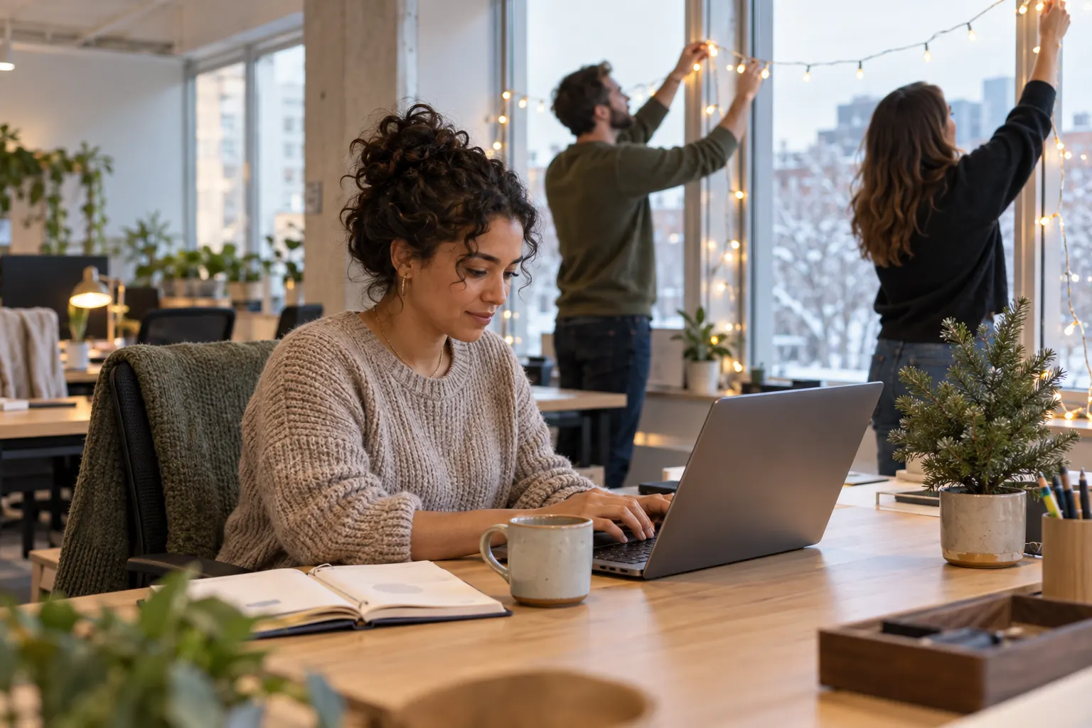 An office manager types on a laptop at her desk while coworkers hang string lights by the window behind her.