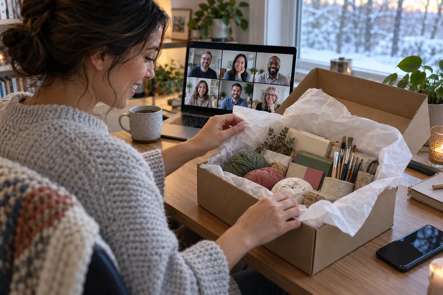 A remote employee opens a box of packed craft supplies at a home desk, with coworkers on a video call on the laptop.