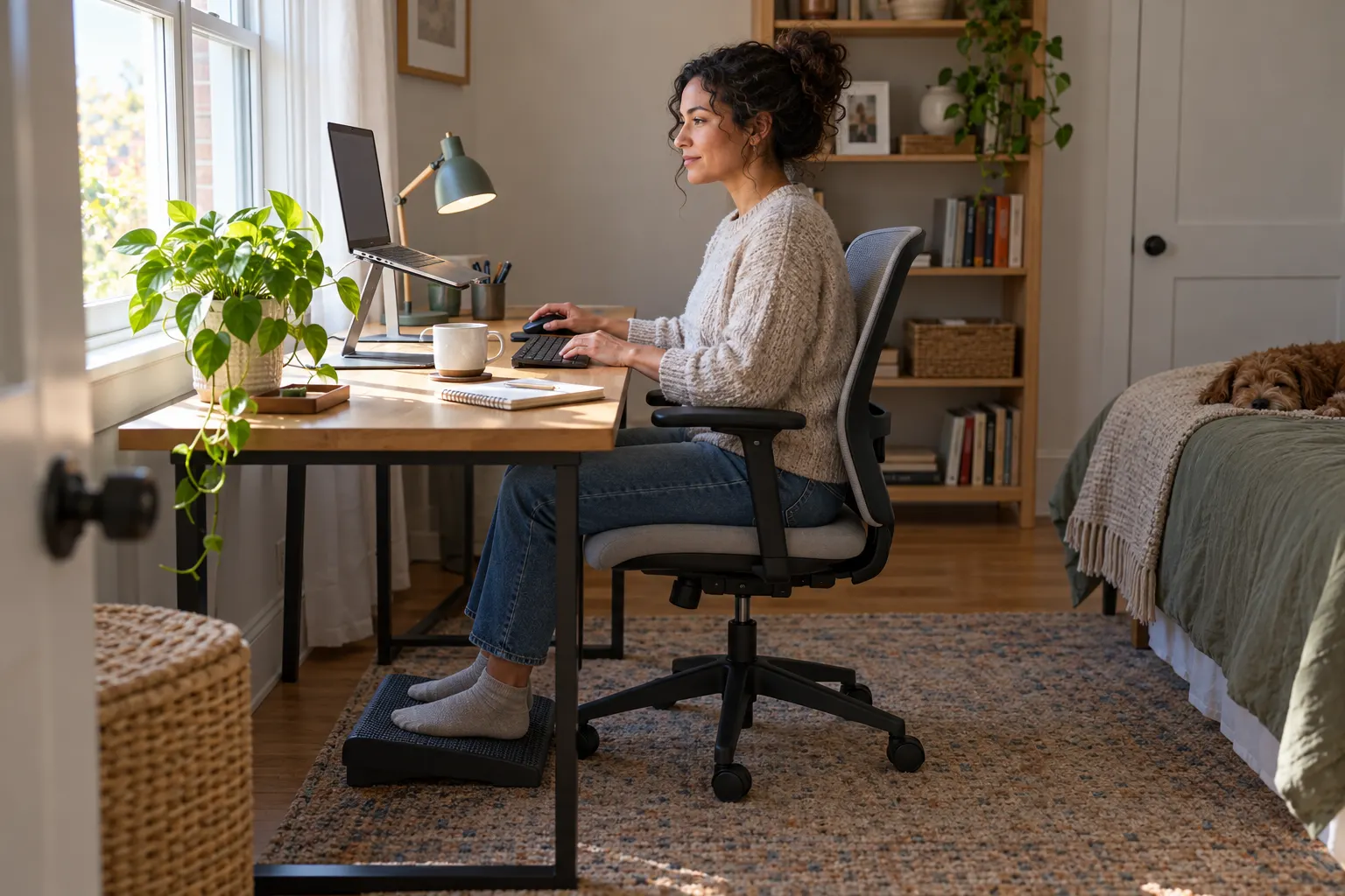 Woman working at a desk beside a bedroom window, her laptop raised on a stand, using a separate keyboard and mouse with her feet on a footrest