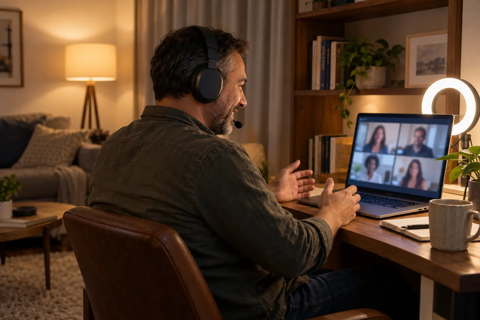 Man on a video call at a living room desk in the evening, wearing a headset with a mic, with a ring light beside his laptop