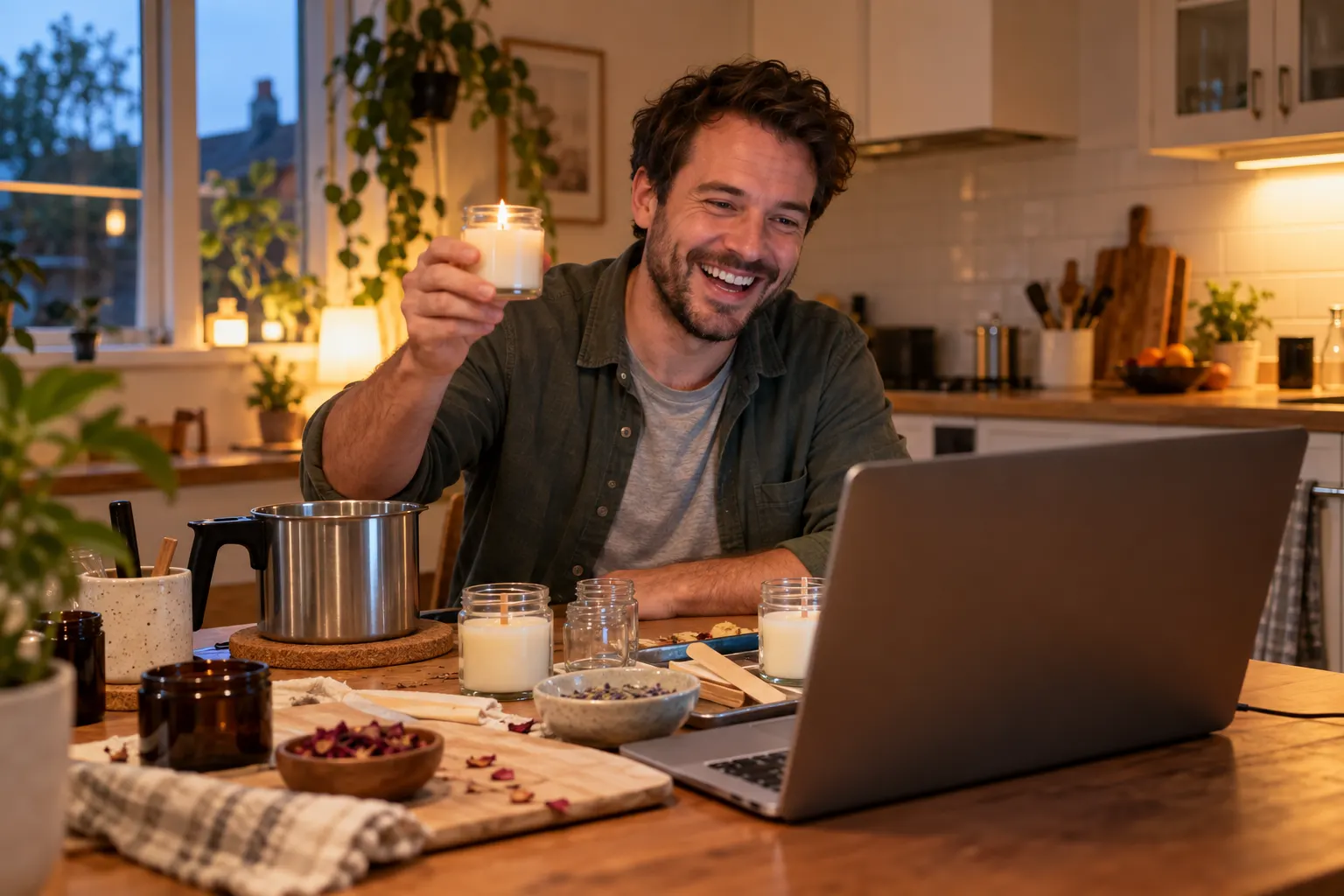 A man at his kitchen table laughs and holds up a candle he just made toward his laptop during a team video call