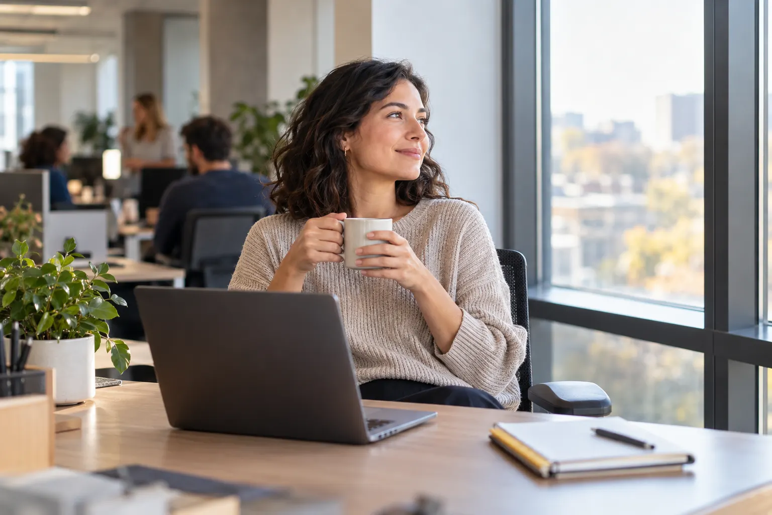 A woman at her office desk turns from her laptop, holding a warm mug and smiling out the window.
