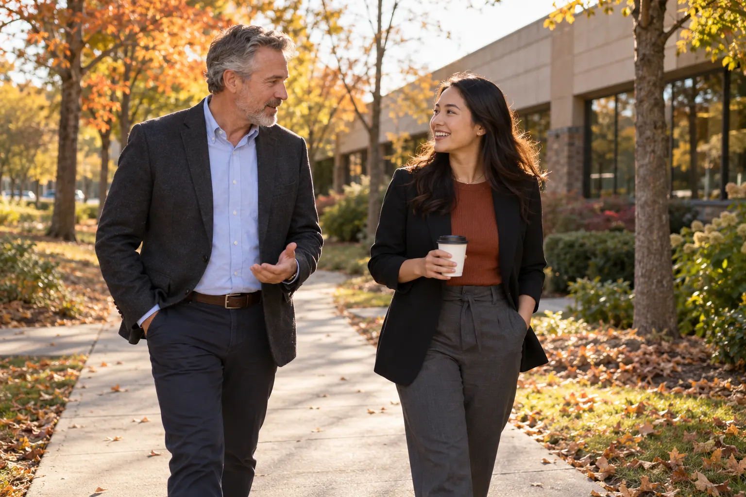 A manager and a younger colleague holding a coffee talk on a walking one-on-one outside their office in autumn.