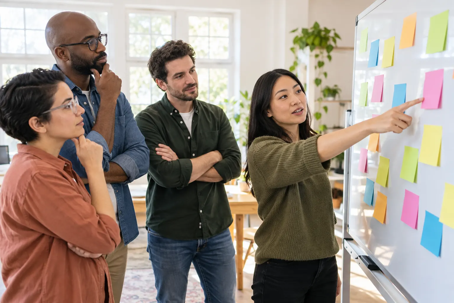 Four coworkers stand at a whiteboard of colored sticky notes as one woman points and the others think.