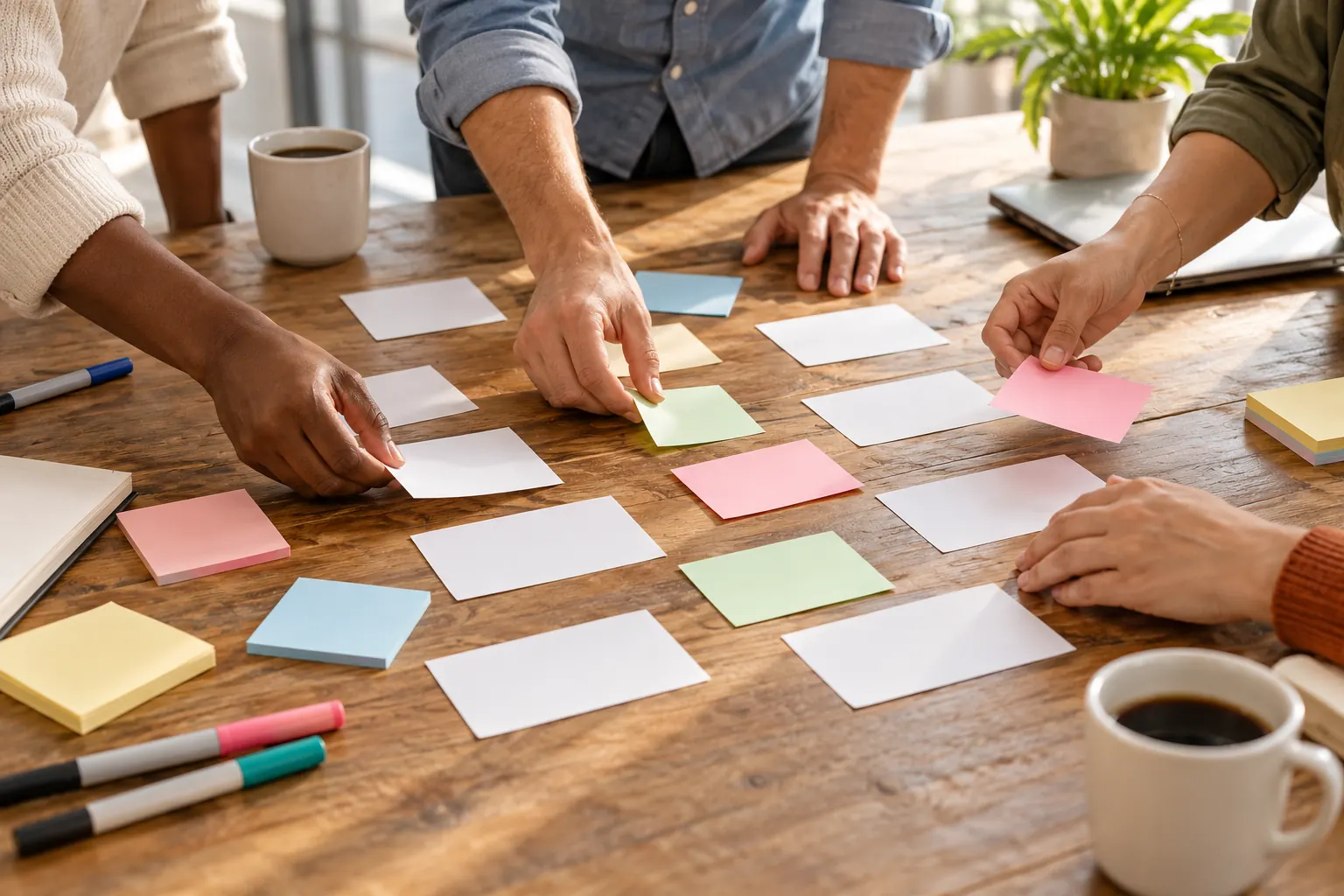 Several hands arrange blank index cards and sticky notes on a wooden table beside markers and coffee.