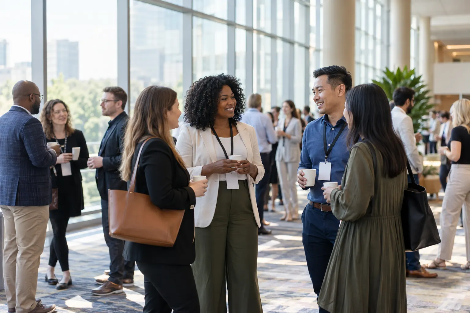 HR professionals with lanyards and coffee cups talk in small groups in a bright conference hallway