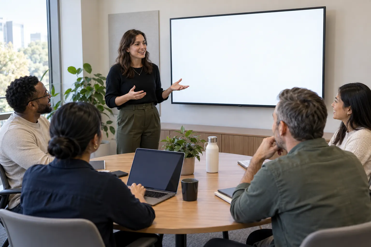A woman stands by a wall screen and talks with four colleagues seated around a round meeting table