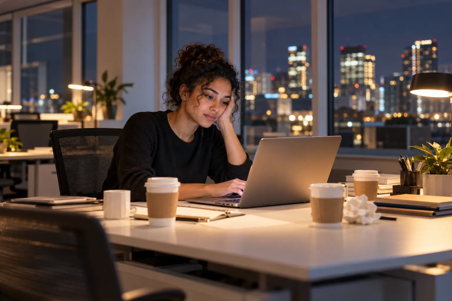 A tired woman works on a laptop late at night, coffee cups around her and city lights outside.