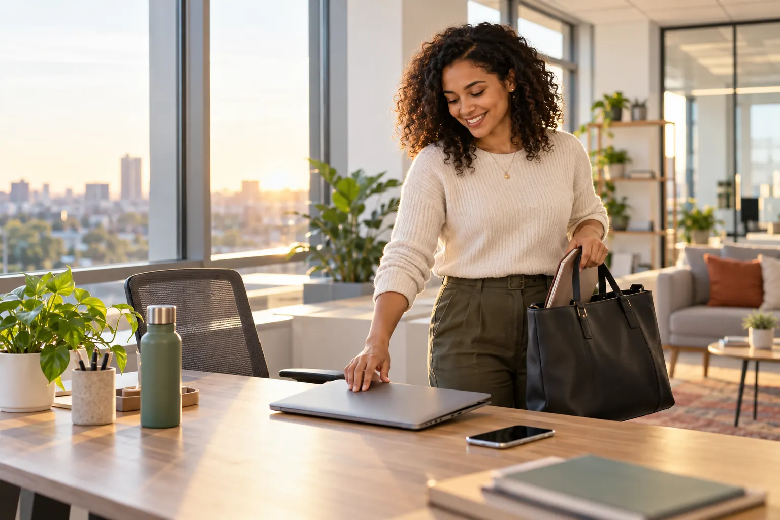 A smiling woman closes her laptop and packs a tote bag to leave a sunlit office.