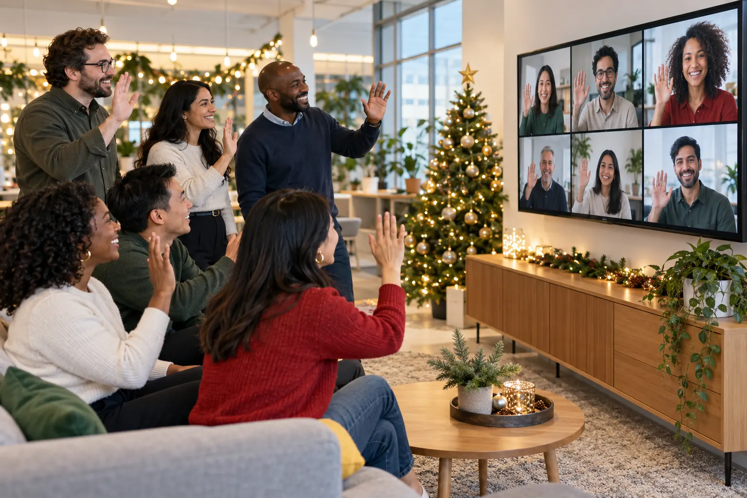 Coworkers beside a decorated tree in the office wave at remote colleagues on a large wall screen.