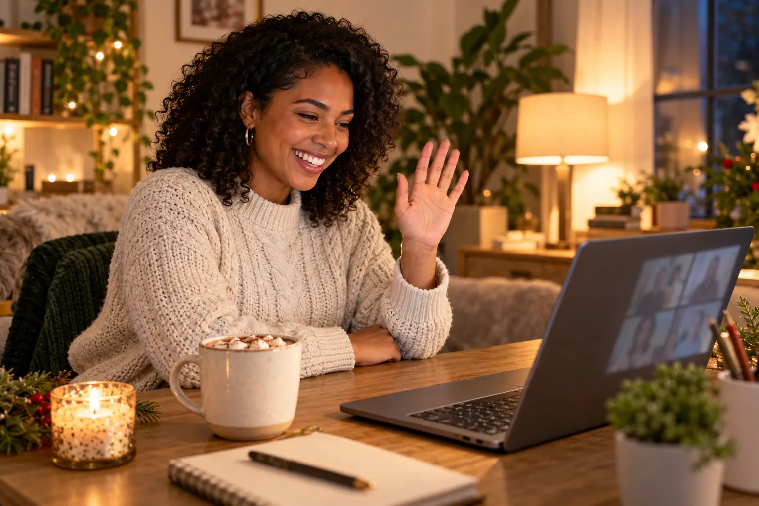 A smiling remote employee in a cream sweater waves at a video call, a mug of cocoa beside her.