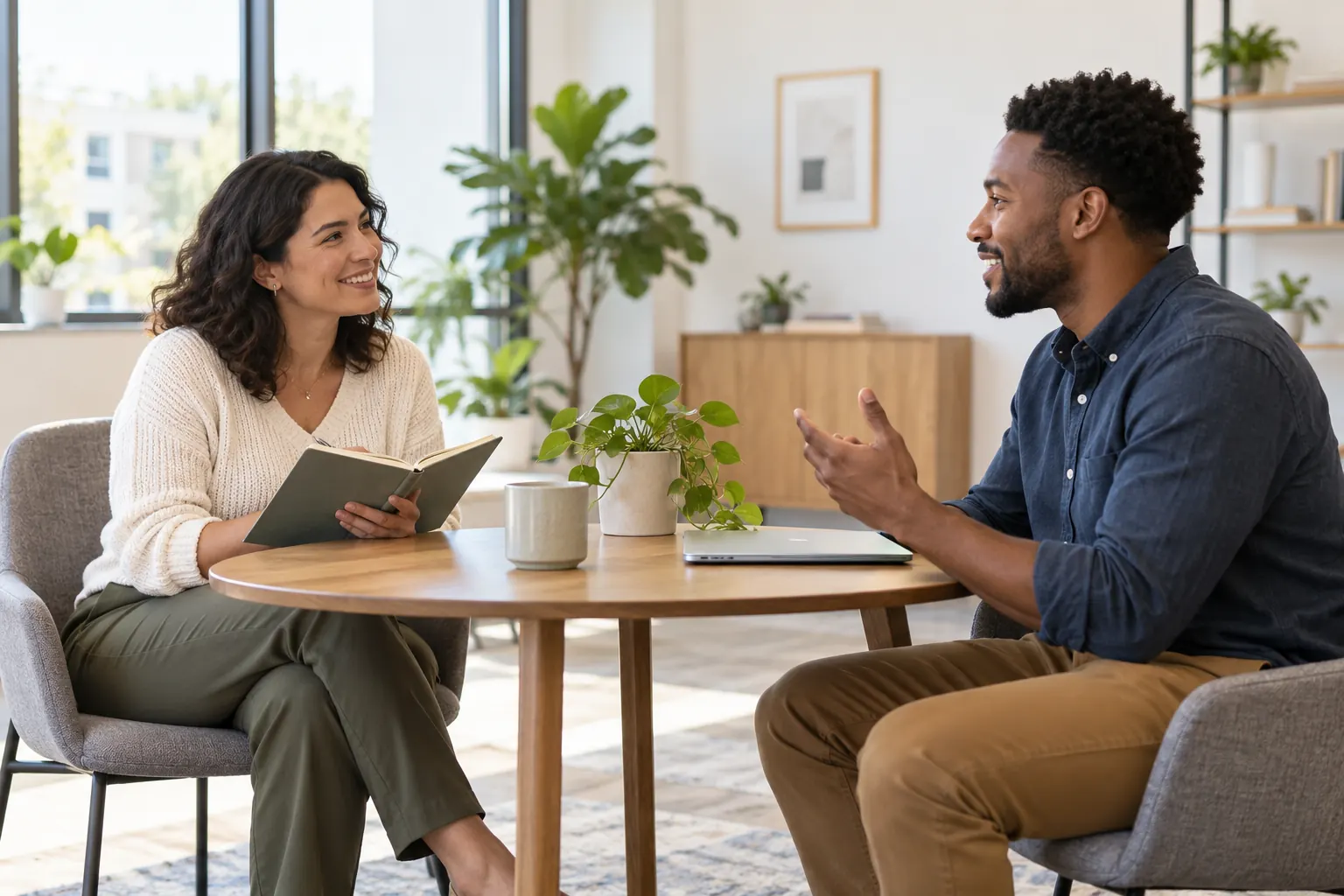 A smiling hiring manager with a notebook listens to a candidate answering at a small table in a bright office.