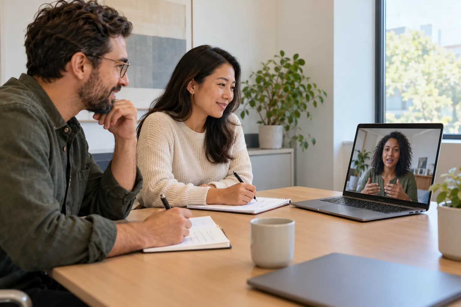 Two interviewers take notes while a candidate speaks to them on a laptop video call in a small meeting room.