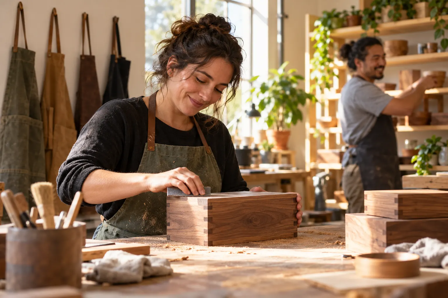 A woman smiles while sanding a handmade wooden box at a sunlit workbench as a coworker arranges finished pieces behind her