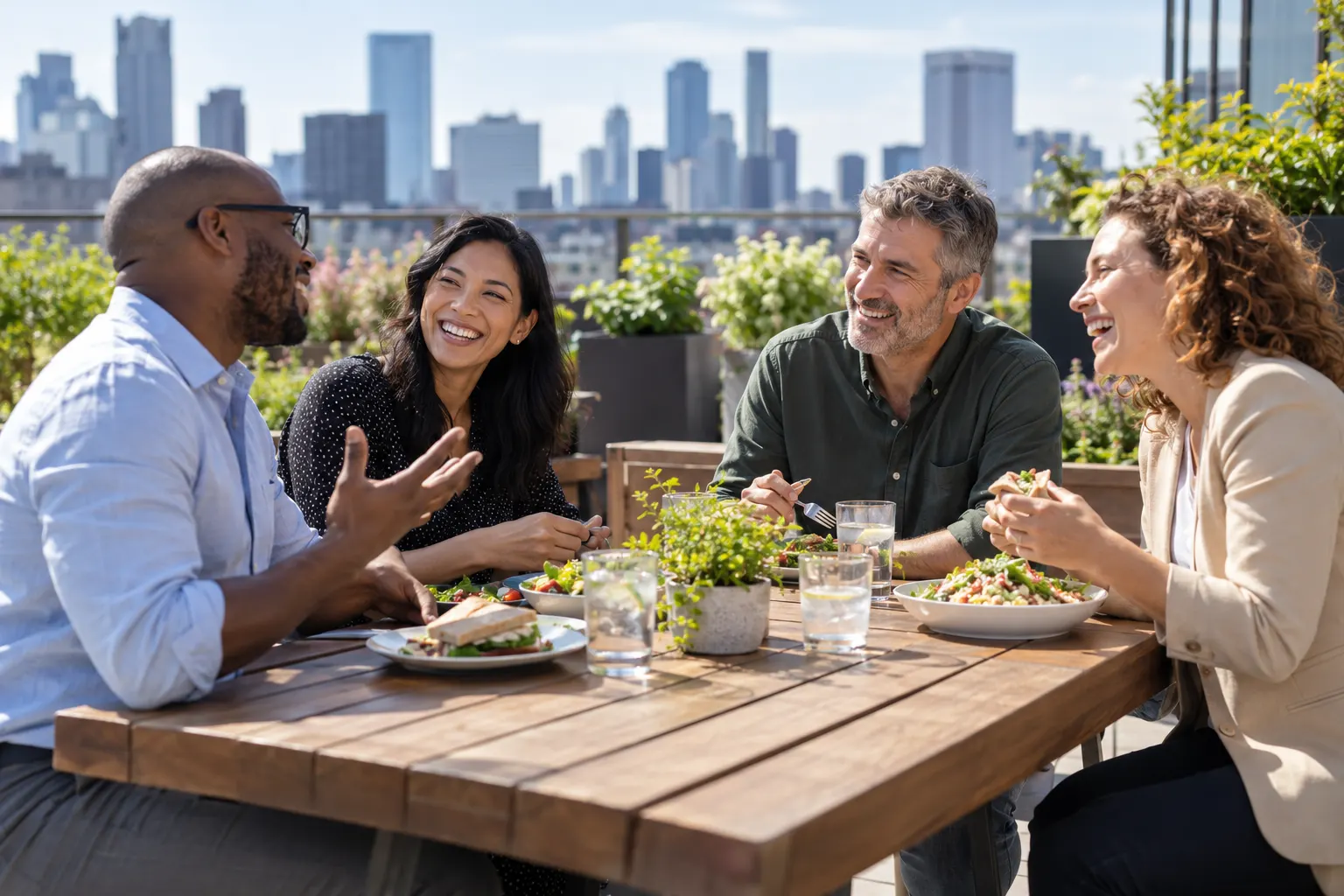 Four coworkers laugh over salads and sandwiches at a wooden table on a sunny rooftop terrace above a city skyline