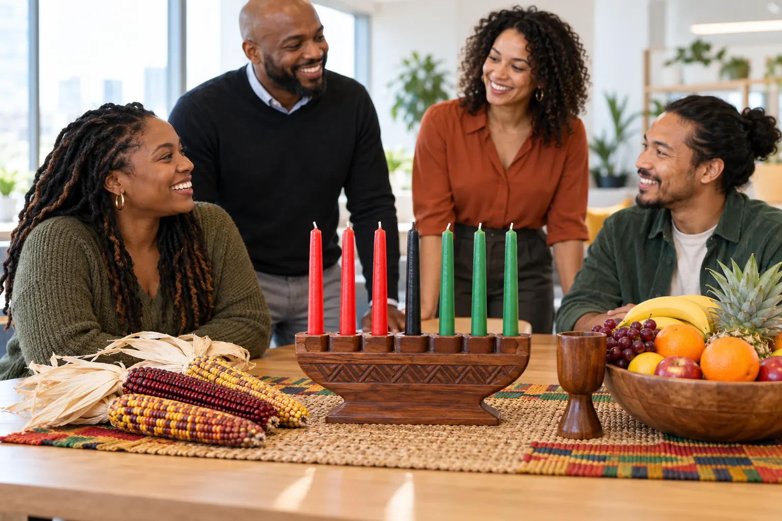 A wooden kinara with red, black and green candles on a woven mat with corn and fruit, coworkers nearby.