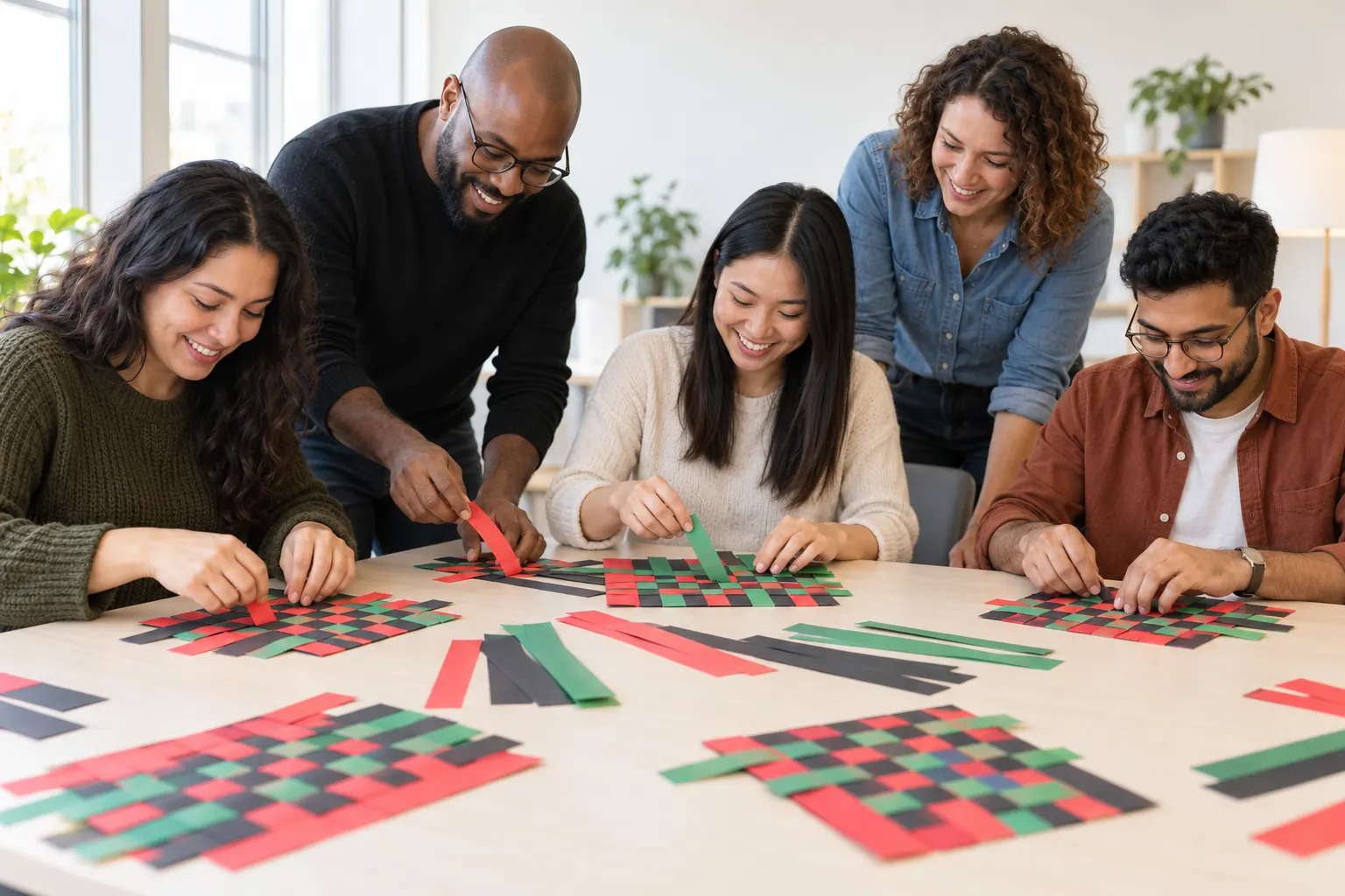 Coworkers at a craft table weaving small mats from strips of red, black and green paper.