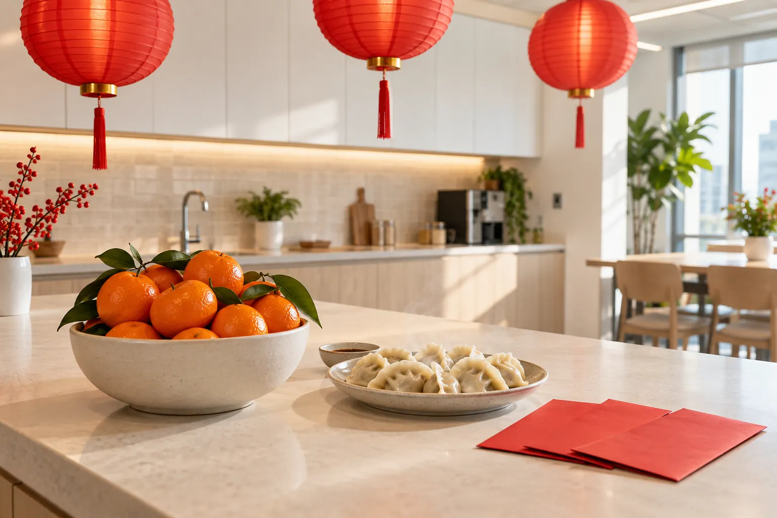 Red paper lanterns over an office kitchen counter with a bowl of mandarin oranges, dumplings and red envelopes.