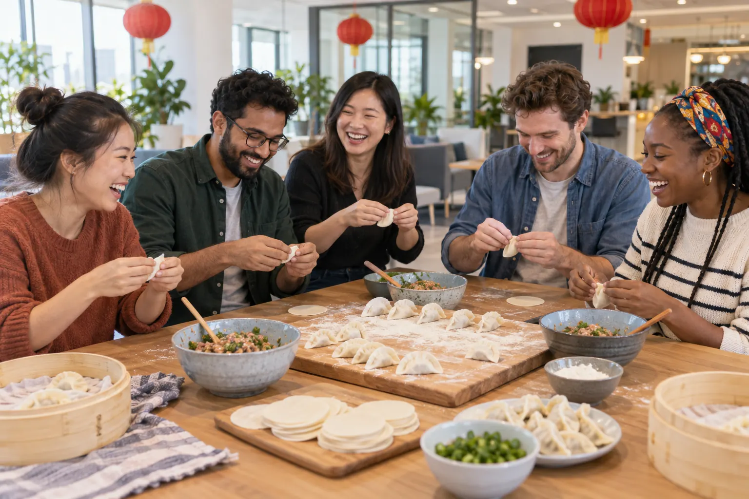 Five coworkers laughing as they fold dumplings together at a floured office table under red lanterns.