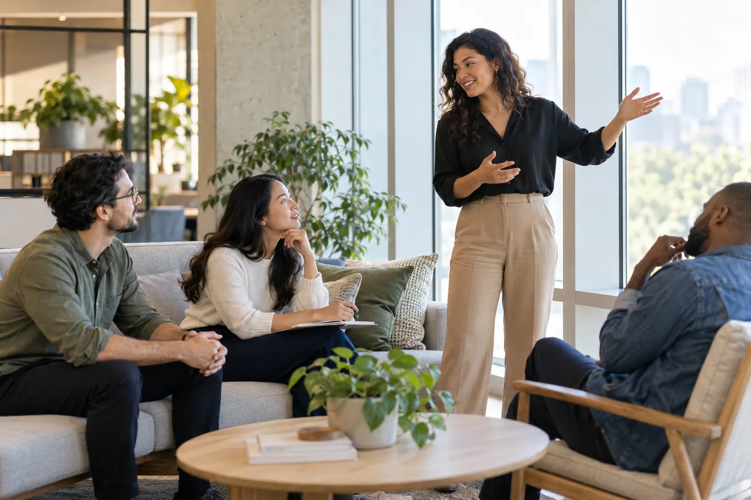 A team leader talks through an idea while three coworkers on a sofa and an armchair listen in a bright office lounge