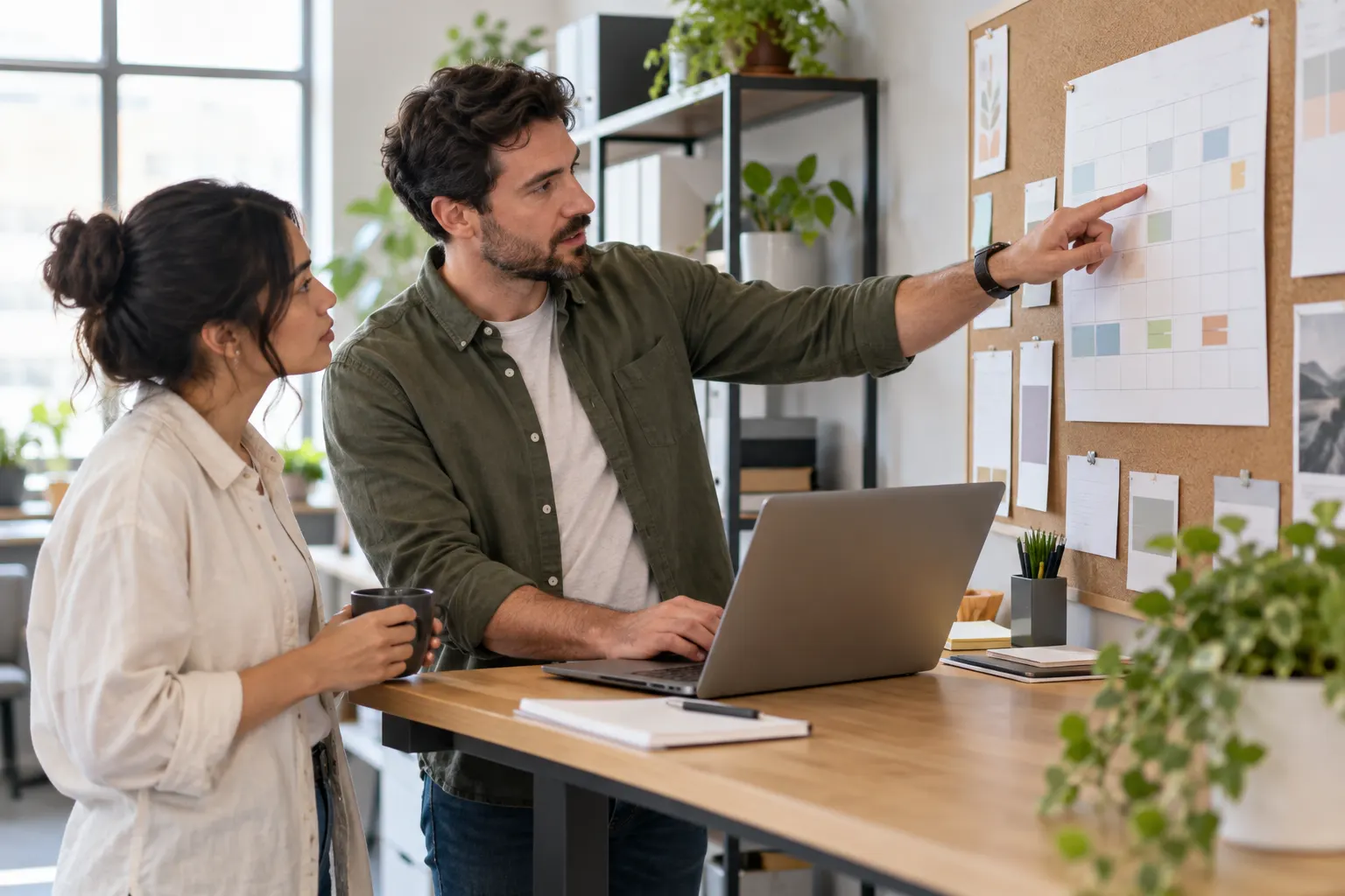 A manager points to a project calendar pinned to a corkboard while a colleague holding a coffee mug looks on